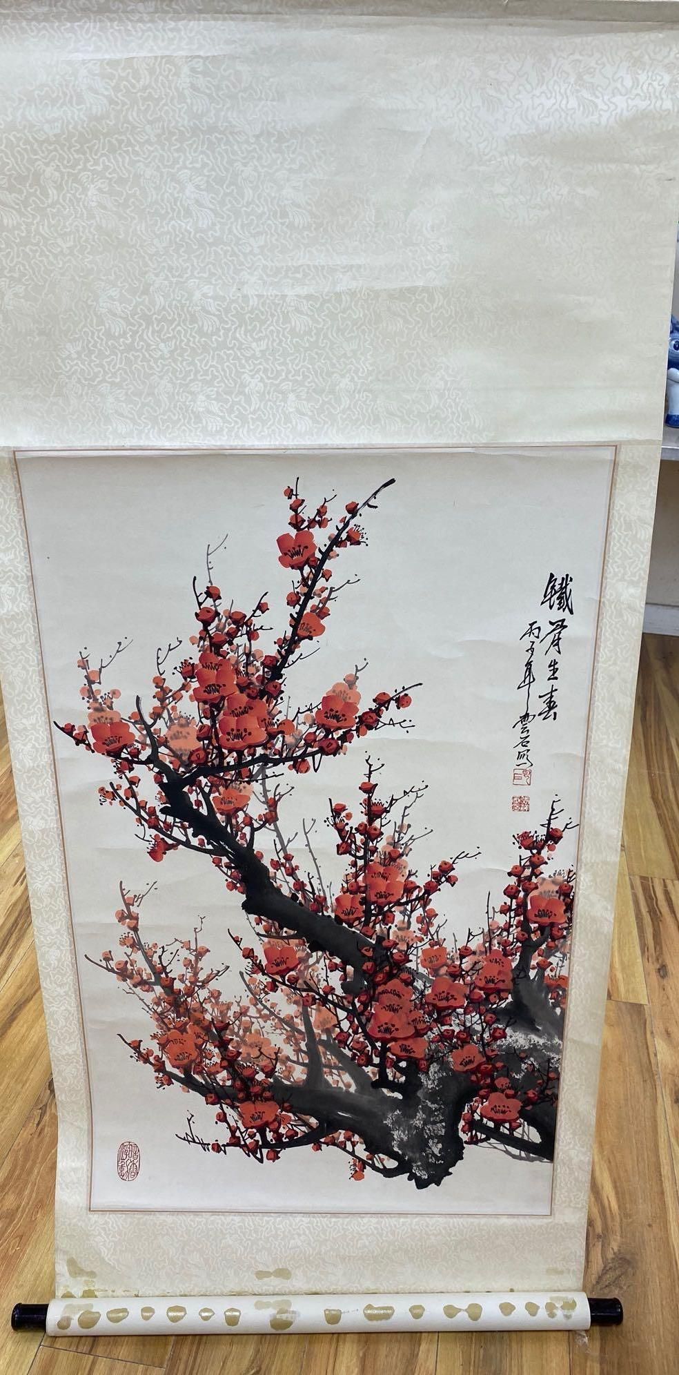 A Chinese watercolour painting on silk of prunus blossom